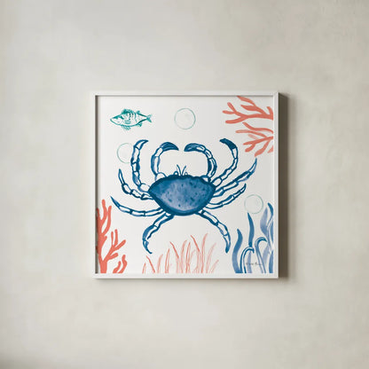 Coastal Jewels V Bright by Farida Zaman. Shown in a crisp white glass frame for a clean and minimalist style. Available as an archival giclee rolled canvas, fine art paper, or poster print. SKU 73327a.