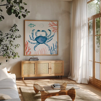 Coastal Jewels V Bright by Farida Zaman. Shown in a natural wood frame in a cozy modern living room. Available as an archival giclee rolled canvas, fine art paper, or poster print. SKU 73327a.