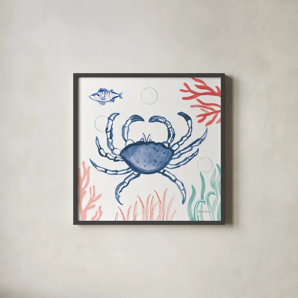 Coastal Jewels V Coral Cove by Farida Zaman. Shown in a sleek black glass frame for a contemporary gallery look. Available as an archival giclee rolled canvas, fine art paper, or poster print. SKU 55927a.