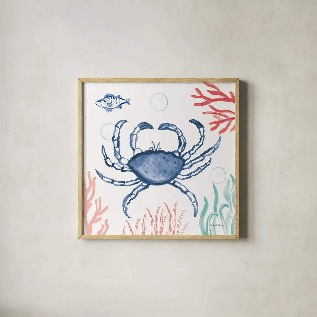 Coastal Jewels V Coral Cove by Farida Zaman. Shown in a natural wood glass frame for a timeless modern aesthetic. Available as an archival giclee rolled canvas, fine art paper, or poster print. SKU 55927a.