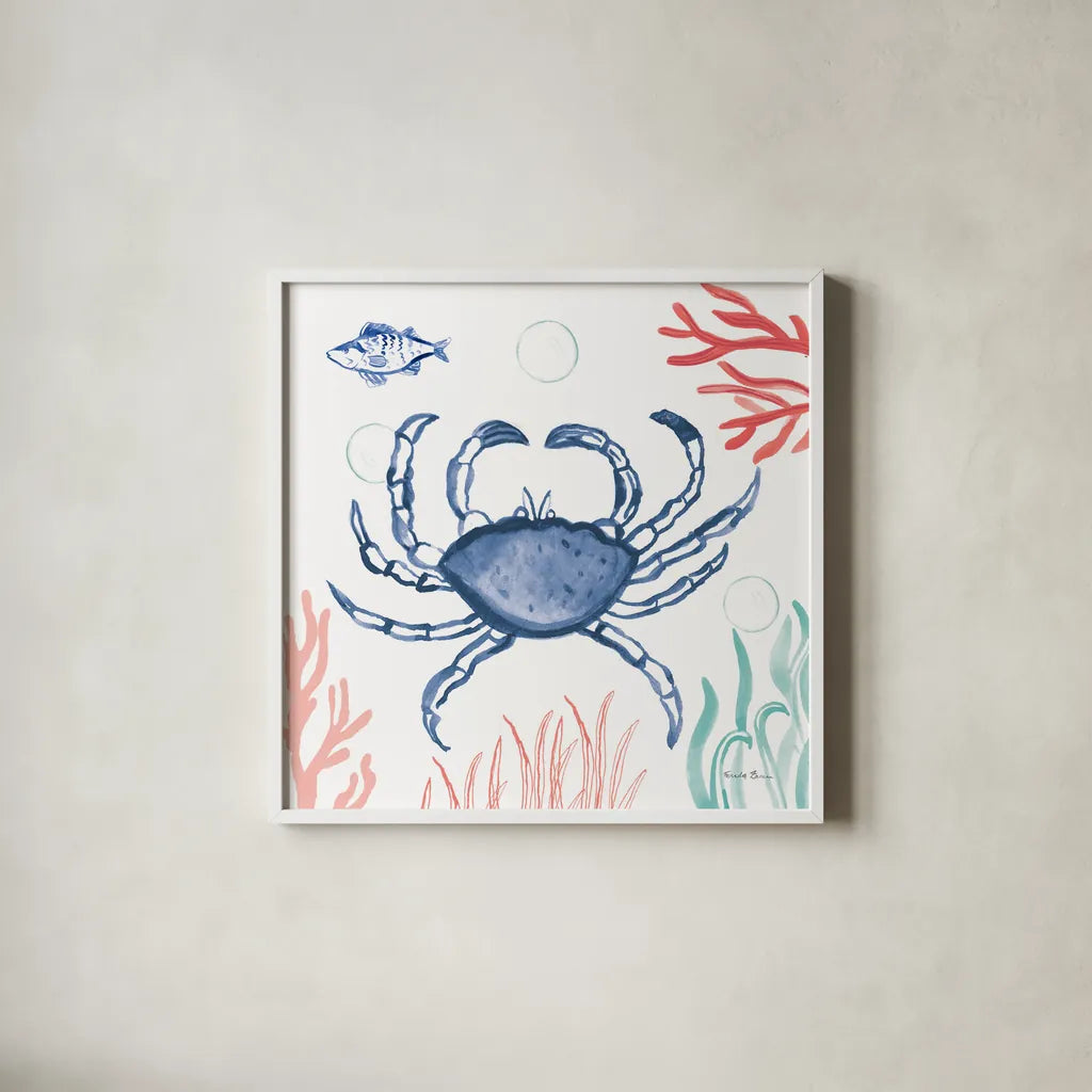 Coastal Jewels V Coral Cove by Farida Zaman. Shown in a crisp white glass frame for a clean and minimalist style. Available as an archival giclee rolled canvas, fine art paper, or poster print. SKU 55927a.