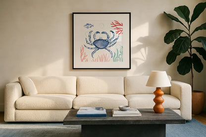 Coastal Jewels V Coral Cove by Farida Zaman. Displayed in a glass frame with matte in a clean modern living room. Available as an archival giclee rolled canvas, fine art paper, or poster print. SKU 55927a.