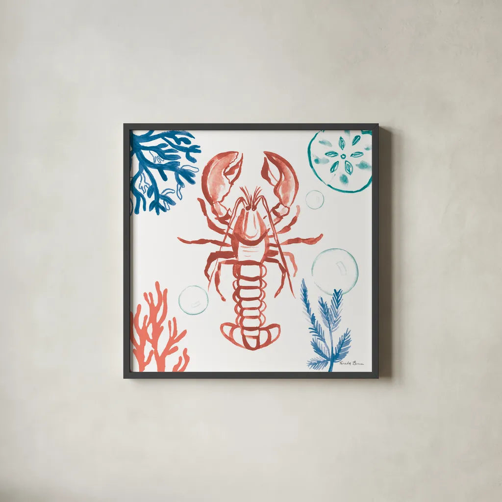 Coastal Jewels VI Bright by Farida Zaman. Shown in a sleek black glass frame for a contemporary gallery look. Available as an archival giclee rolled canvas, fine art paper, or poster print. SKU 73328a.