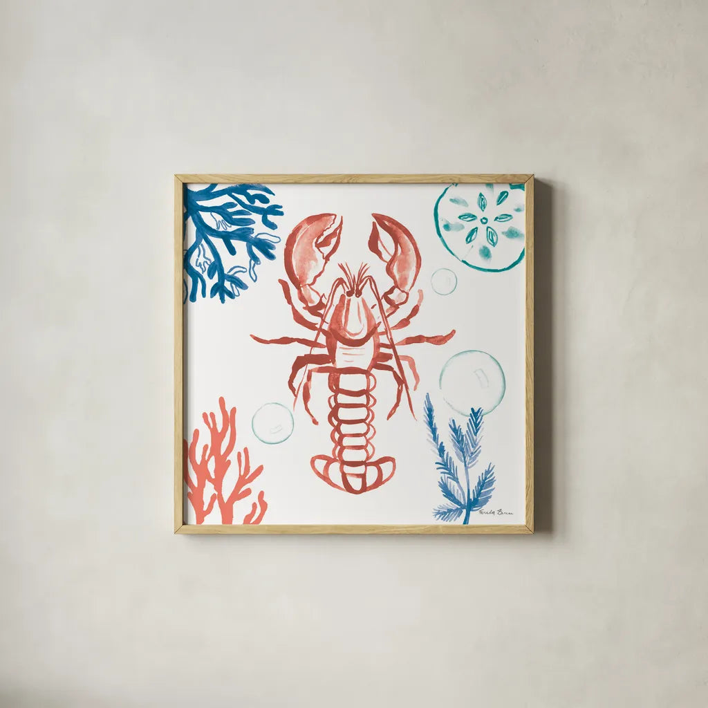 Coastal Jewels VI Bright by Farida Zaman. Shown in a natural wood glass frame for a timeless modern aesthetic. Available as an archival giclee rolled canvas, fine art paper, or poster print. SKU 73328a.