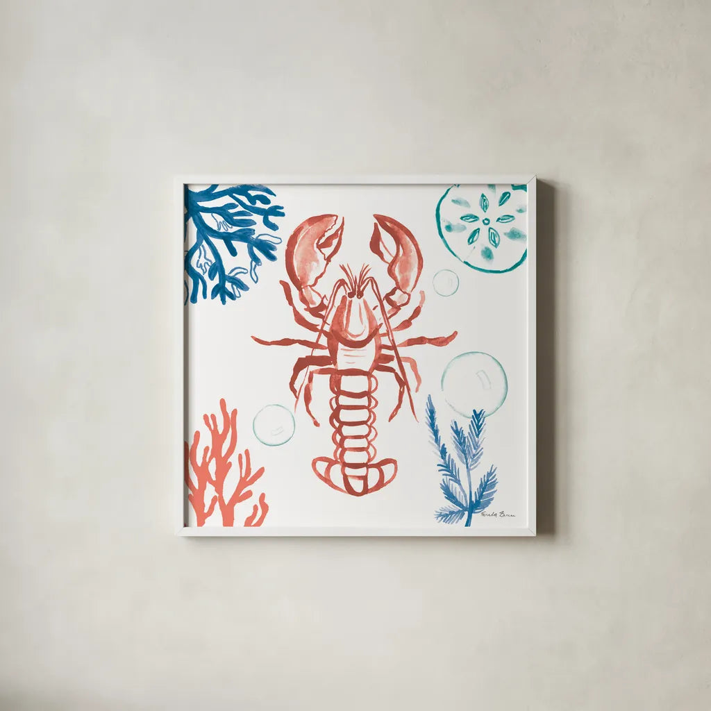 Coastal Jewels VI Bright by Farida Zaman. Shown in a crisp white glass frame for a clean and minimalist style. Available as an archival giclee rolled canvas, fine art paper, or poster print. SKU 73328a.