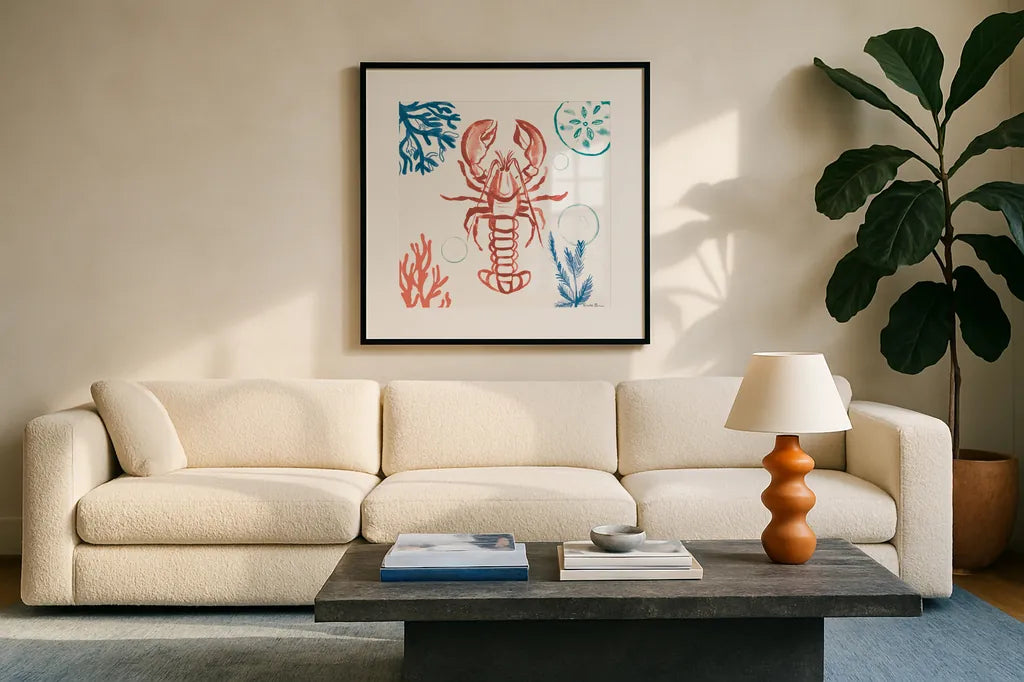 Coastal Jewels VI Bright by Farida Zaman. Displayed in a glass frame with matte in a clean modern living room. Available as an archival giclee rolled canvas, fine art paper, or poster print. SKU 73328a.