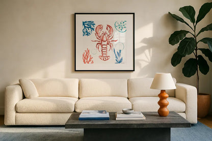 Coastal Jewels VI Bright by Farida Zaman. Displayed in a glass frame with matte in a clean modern living room. Available as an archival giclee rolled canvas, fine art paper, or poster print. SKU 73328a.