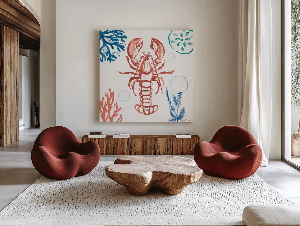 Coastal Jewels VI Bright by Farida Zaman. Shown as extra-large giant wall art in a modern living room. Available as an archival giclee rolled canvas, fine art paper, or poster print. SKU 73328a.