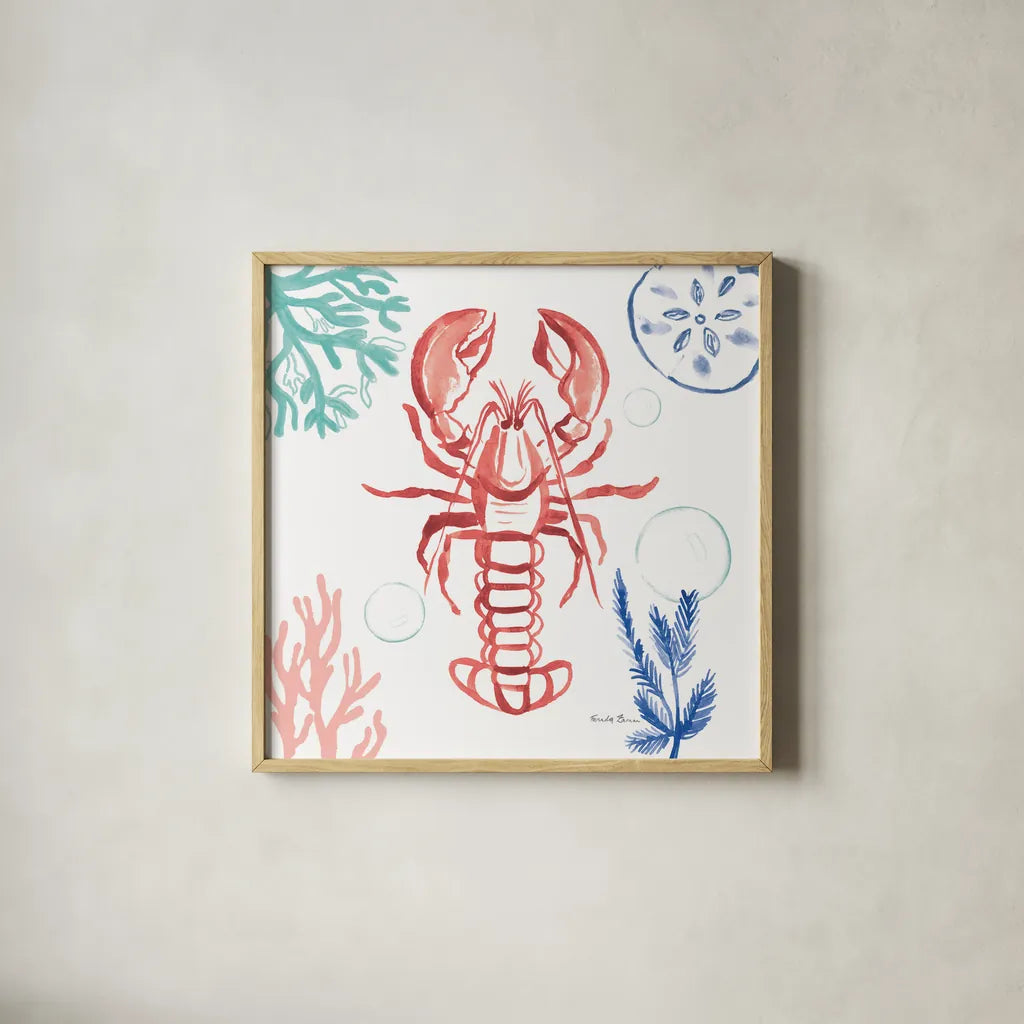 Coastal Jewels VI Coral Cove by Farida Zaman. Shown in a natural wood glass frame for a timeless modern aesthetic. Available as an archival giclee rolled canvas, fine art paper, or poster print. SKU 55928a.