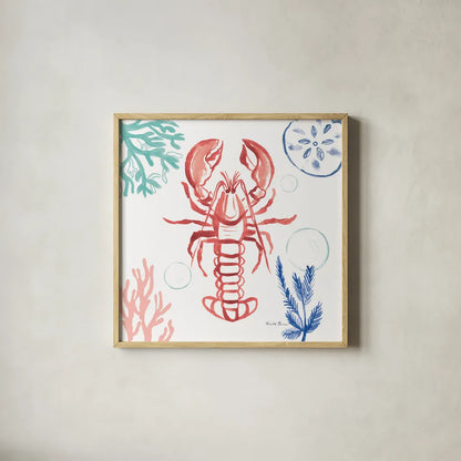 Coastal Jewels VI Coral Cove by Farida Zaman. Shown in a natural wood glass frame for a timeless modern aesthetic. Available as an archival giclee rolled canvas, fine art paper, or poster print. SKU 55928a.