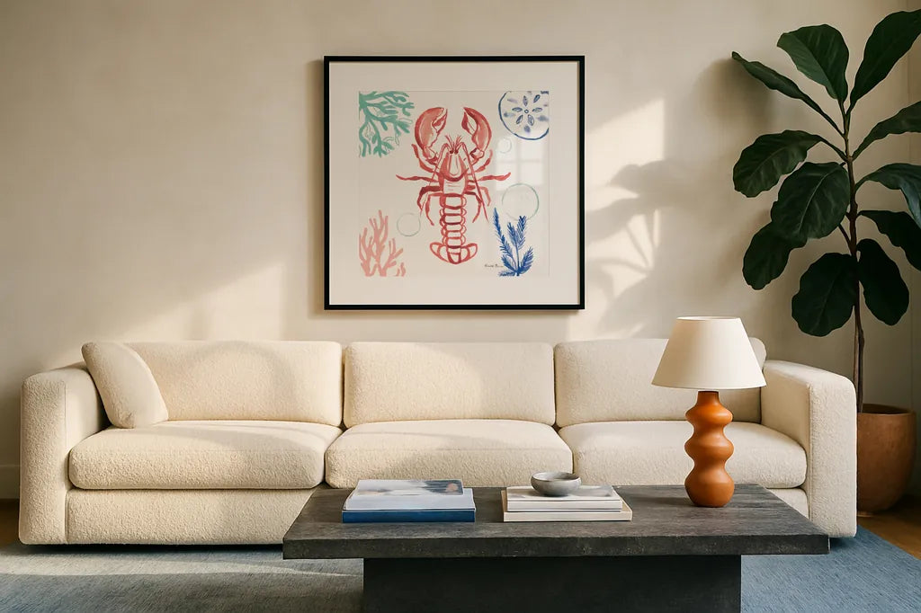 Coastal Jewels VI Coral Cove by Farida Zaman. Displayed in a glass frame with matte in a clean modern living room. Available as an archival giclee rolled canvas, fine art paper, or poster print. SKU 55928a.