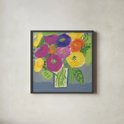 Colorful Bouquet by Farida Zaman. Shown in a sleek black glass frame for a contemporary gallery look. Available as an archival giclee rolled canvas, fine art paper, or poster print. SKU 96316a.