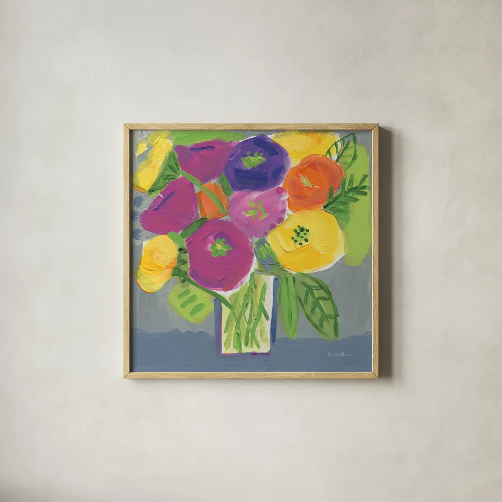 Colorful Bouquet by Farida Zaman. Shown in a natural wood glass frame for a timeless modern aesthetic. Available as an archival giclee rolled canvas, fine art paper, or poster print. SKU 96316a.