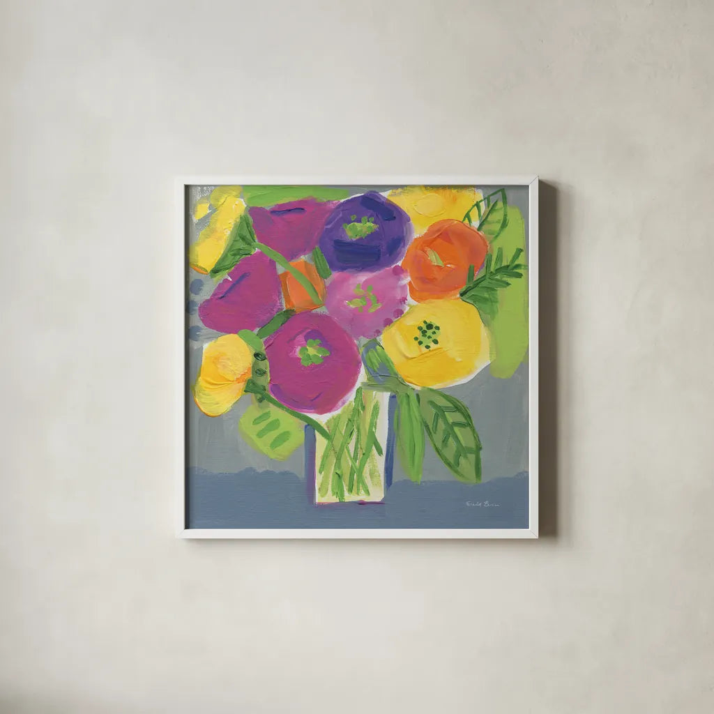Colorful Bouquet by Farida Zaman. Shown in a crisp white glass frame for a clean and minimalist style. Available as an archival giclee rolled canvas, fine art paper, or poster print. SKU 96316a.