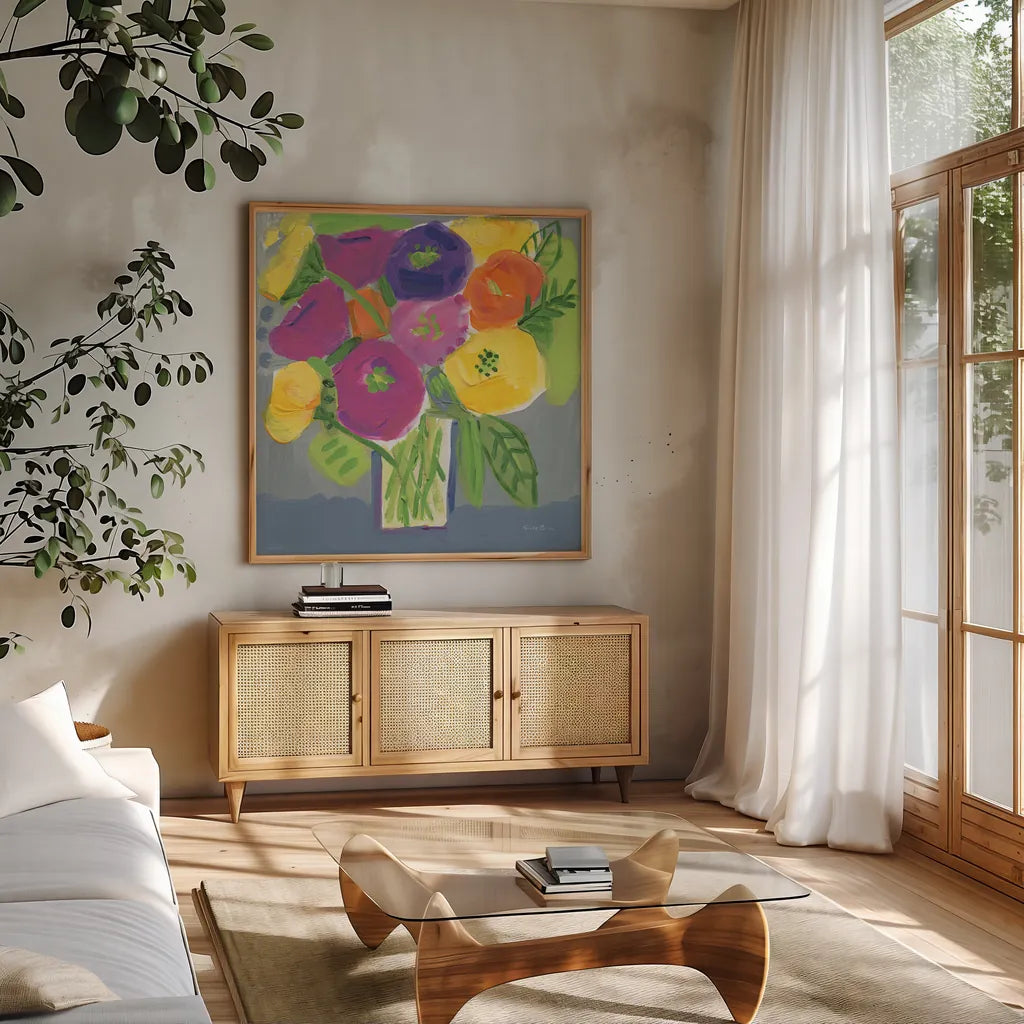 Colorful Bouquet by Farida Zaman. Shown in a natural wood frame in a cozy modern living room. Available as an archival giclee rolled canvas, fine art paper, or poster print. SKU 96316a.
