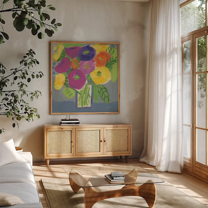 Colorful Bouquet by Farida Zaman. Shown in a natural wood frame in a cozy modern living room. Available as an archival giclee rolled canvas, fine art paper, or poster print. SKU 96316a.