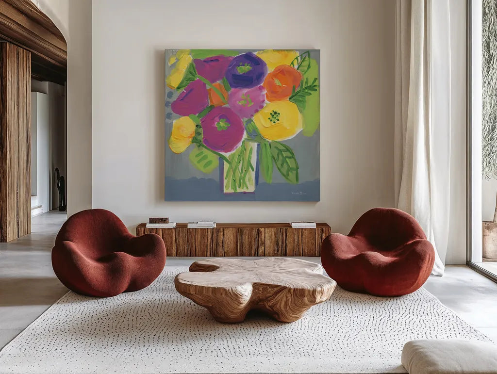Colorful Bouquet by Farida Zaman. Shown as extra-large giant wall art in a modern living room. Available as an archival giclee rolled canvas, fine art paper, or poster print. SKU 96316a.