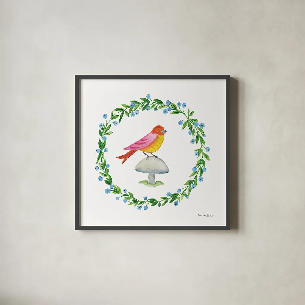 Cottage Birds I by Farida Zaman. Shown in a sleek black glass frame for a contemporary gallery look. Available as an archival giclee rolled canvas, fine art paper, or poster print. SKU 82868a.