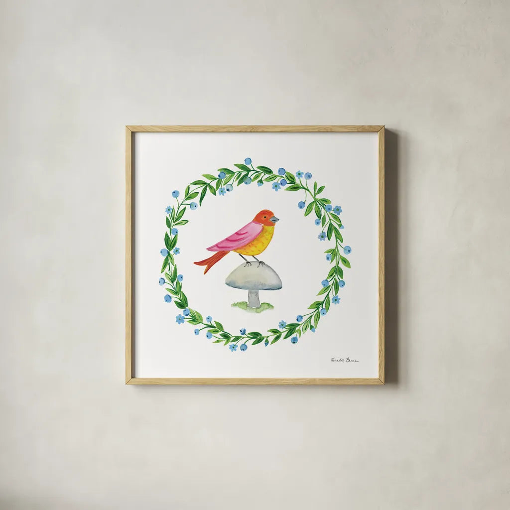 Cottage Birds I by Farida Zaman. Shown in a natural wood glass frame for a timeless modern aesthetic. Available as an archival giclee rolled canvas, fine art paper, or poster print. SKU 82868a.