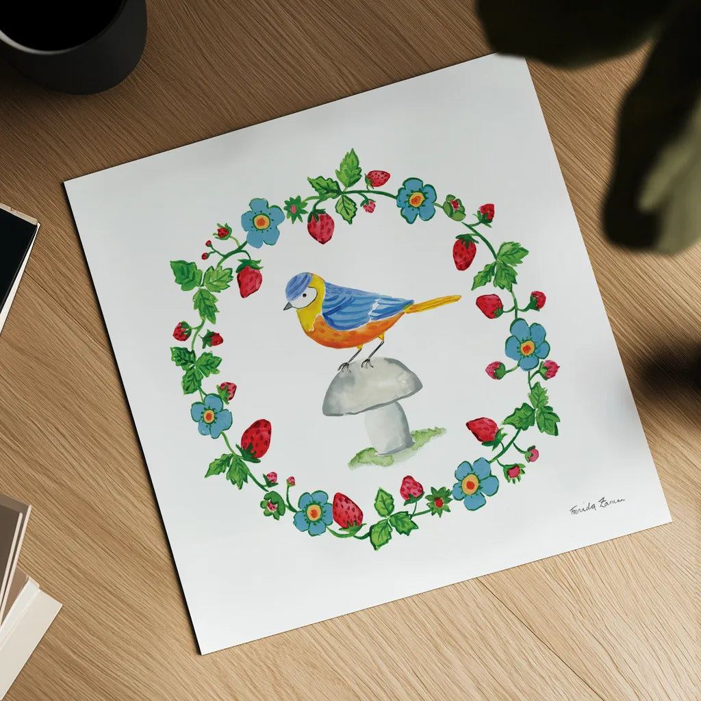 Cottage Birds II by Farida Zaman. Shown as a detailed flat fine art print, highlighting archival giclee quality. Available as an archival giclee rolled canvas, fine art paper, or poster print. SKU 82869a.