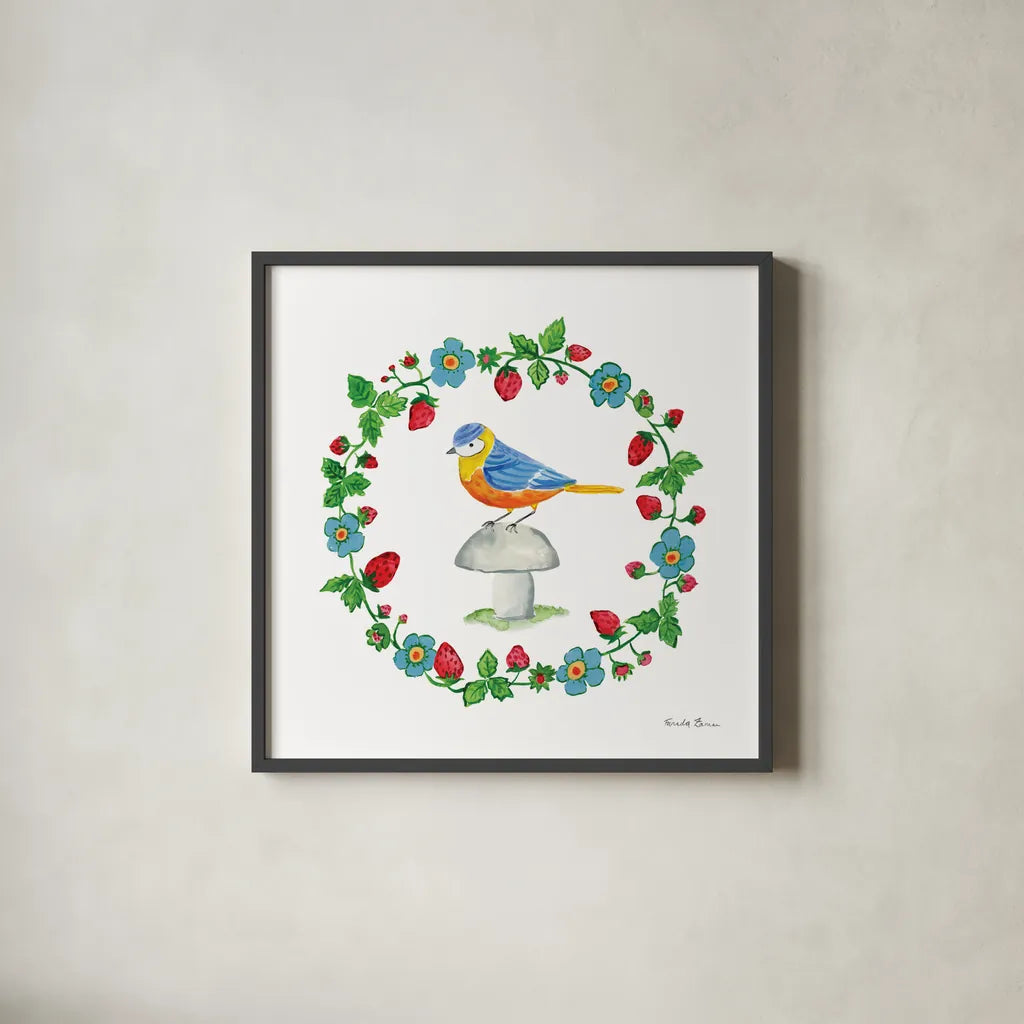 Cottage Birds II by Farida Zaman. Shown in a sleek black glass frame for a contemporary gallery look. Available as an archival giclee rolled canvas, fine art paper, or poster print. SKU 82869a.