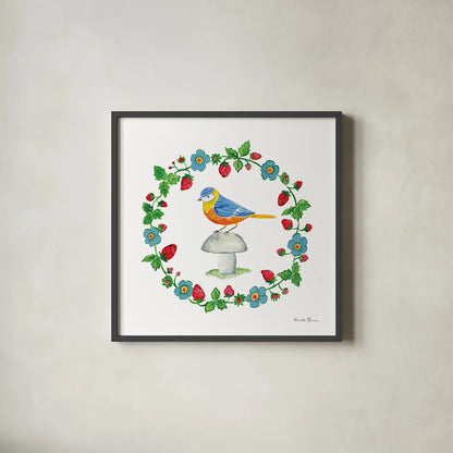 Cottage Birds II by Farida Zaman. Shown in a sleek black glass frame for a contemporary gallery look. Available as an archival giclee rolled canvas, fine art paper, or poster print. SKU 82869a.