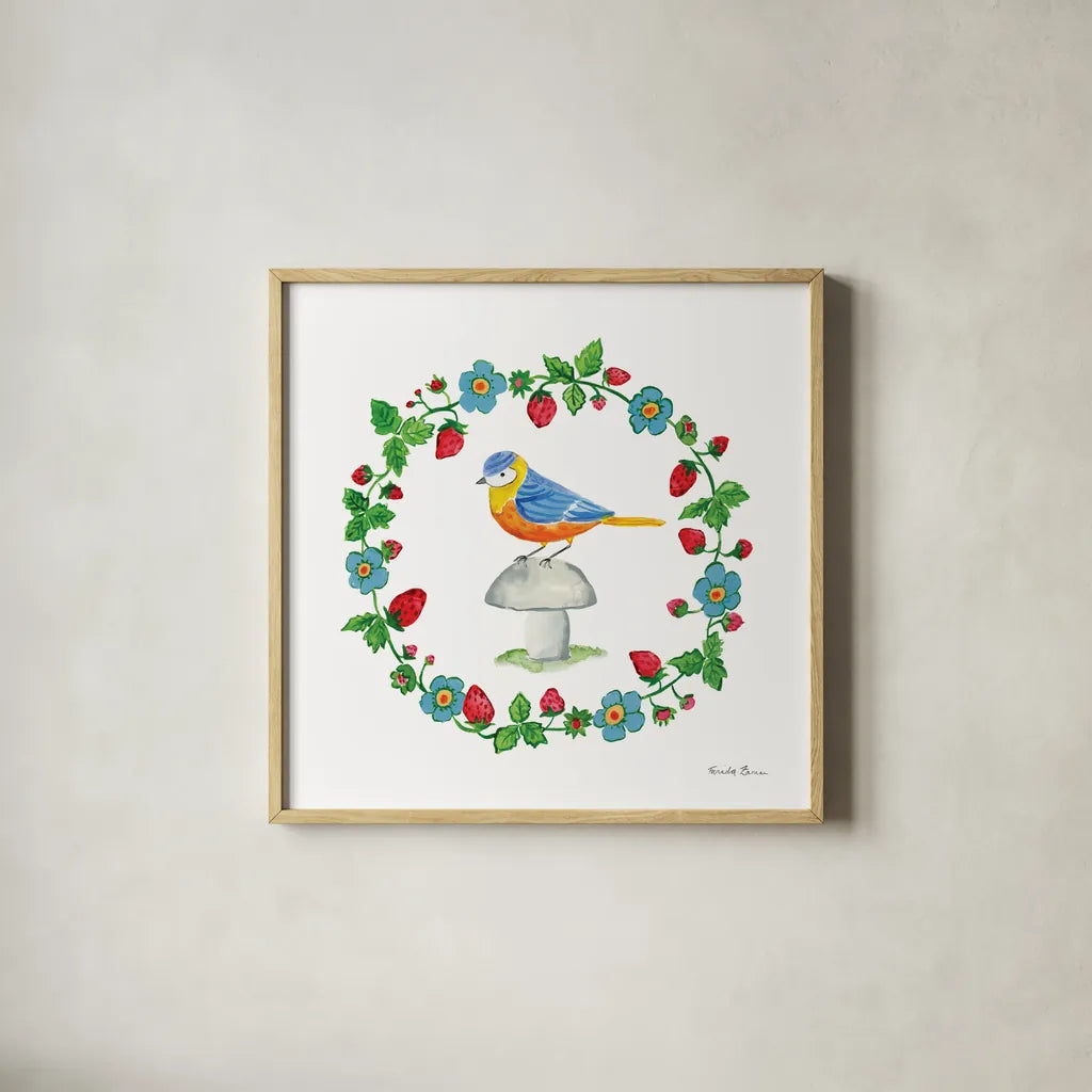 Cottage Birds II by Farida Zaman. Shown in a natural wood glass frame for a timeless modern aesthetic. Available as an archival giclee rolled canvas, fine art paper, or poster print. SKU 82869a.