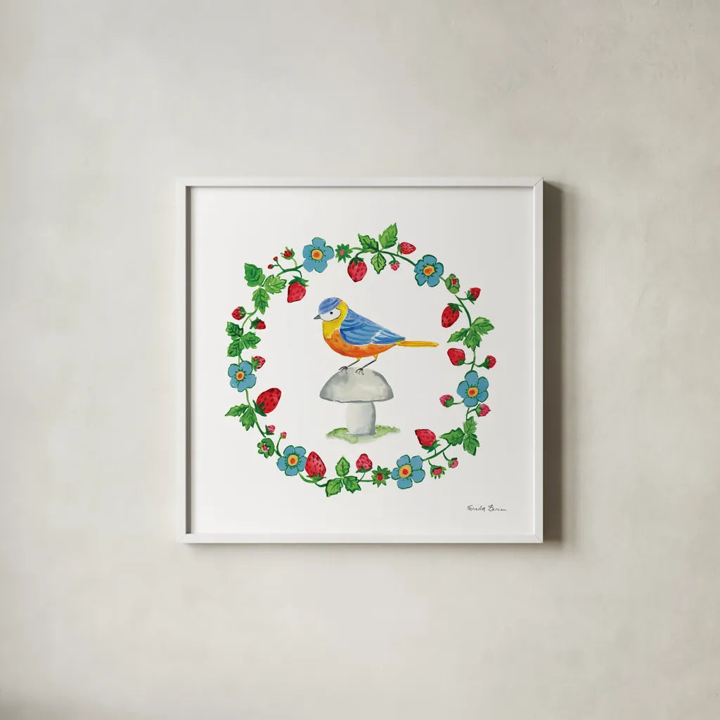 Cottage Birds II by Farida Zaman. Shown in a crisp white glass frame for a clean and minimalist style. Available as an archival giclee rolled canvas, fine art paper, or poster print. SKU 82869a.