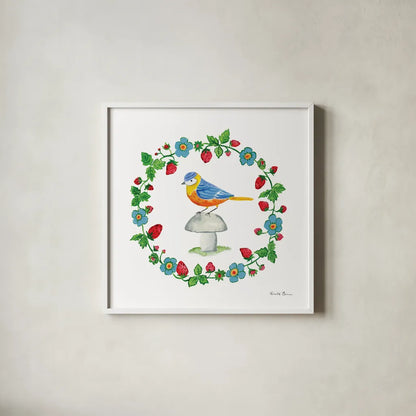 Cottage Birds II by Farida Zaman. Shown in a crisp white glass frame for a clean and minimalist style. Available as an archival giclee rolled canvas, fine art paper, or poster print. SKU 82869a.