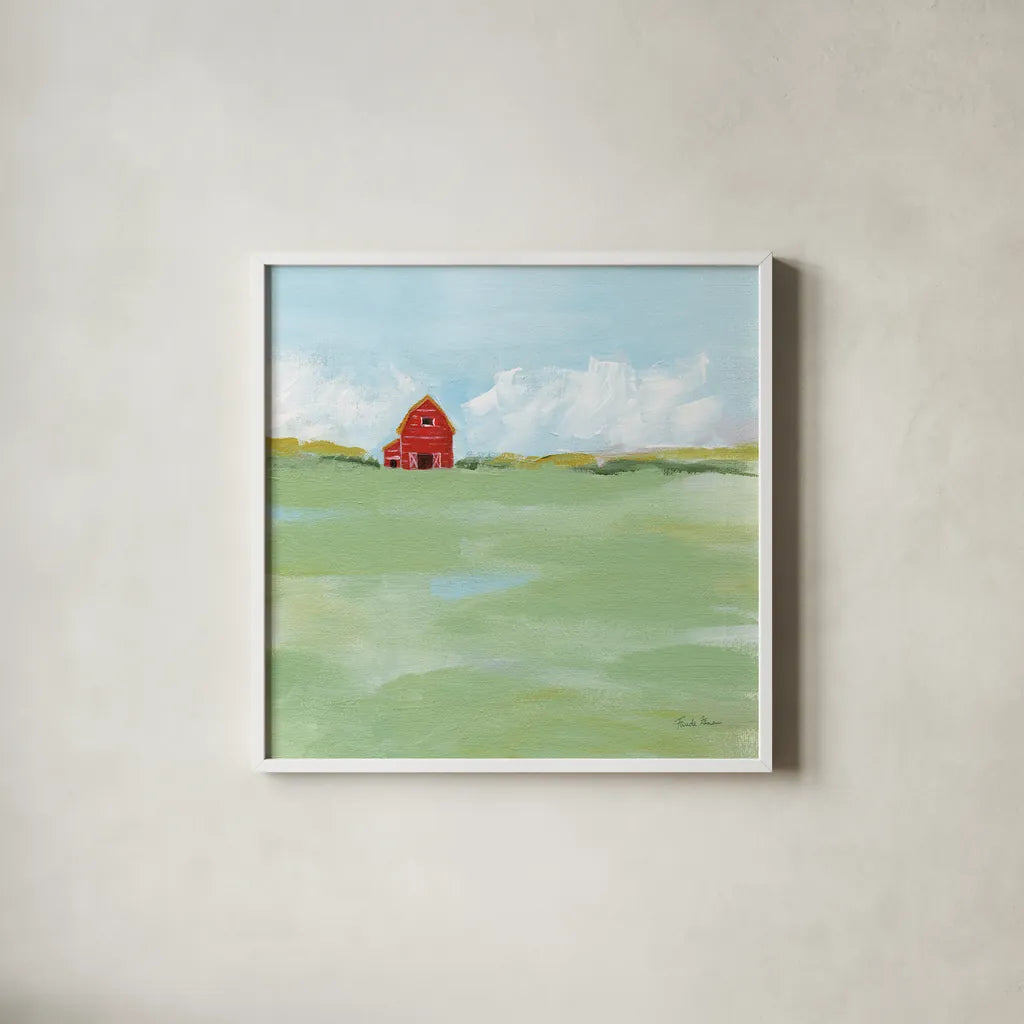 Country Feel by Farida Zaman. Shown in a crisp white glass frame for a clean and minimalist style. Available as an archival giclee rolled canvas, fine art paper, or poster print. SKU 56265a.