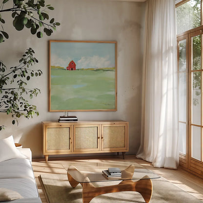 Country Feel by Farida Zaman. Shown in a natural wood frame in a cozy modern living room. Available as an archival giclee rolled canvas, fine art paper, or poster print. SKU 56265a.