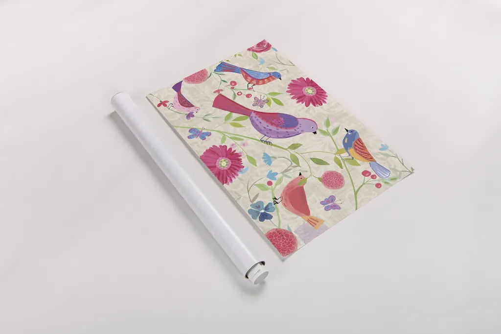 Damask Floral and Bird I by Farida Zaman. shown as a rolled paper print. Available as archival giclee rolled canvas, fine art paper, or poster print. SKU 33107i.