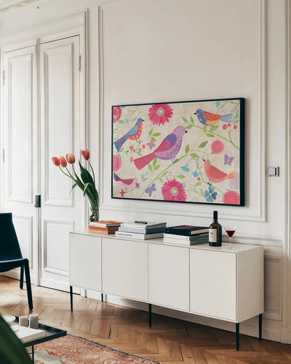 Damask Floral and Bird I by Farida Zaman. shown as a framed stretched canvas in a living room above a console. Available as a archival giclee rolled canvas, fine art paper, or poster print. SKU 33107i.