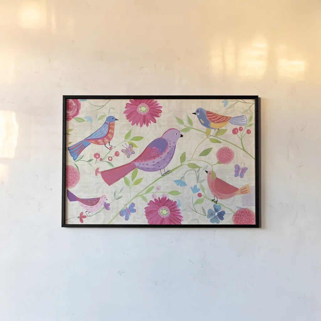 Damask Floral and Bird I by Farida Zaman. shown as a paper print in a black flame. Available as a archival giclee rolled canvas, fine art paper, or poster print. SKU 33107i.