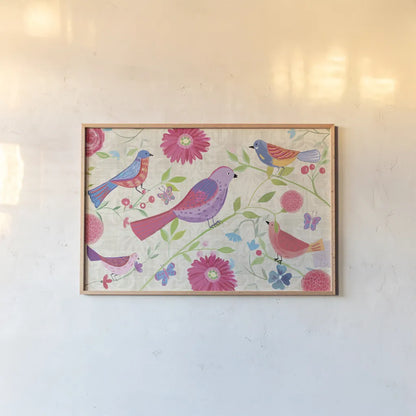Damask Floral and Bird I by Farida Zaman. shown as a paper print in a natural frame. Available as a archival giclee rolled canvas, fine art paper, or poster print. SKU 33107i.