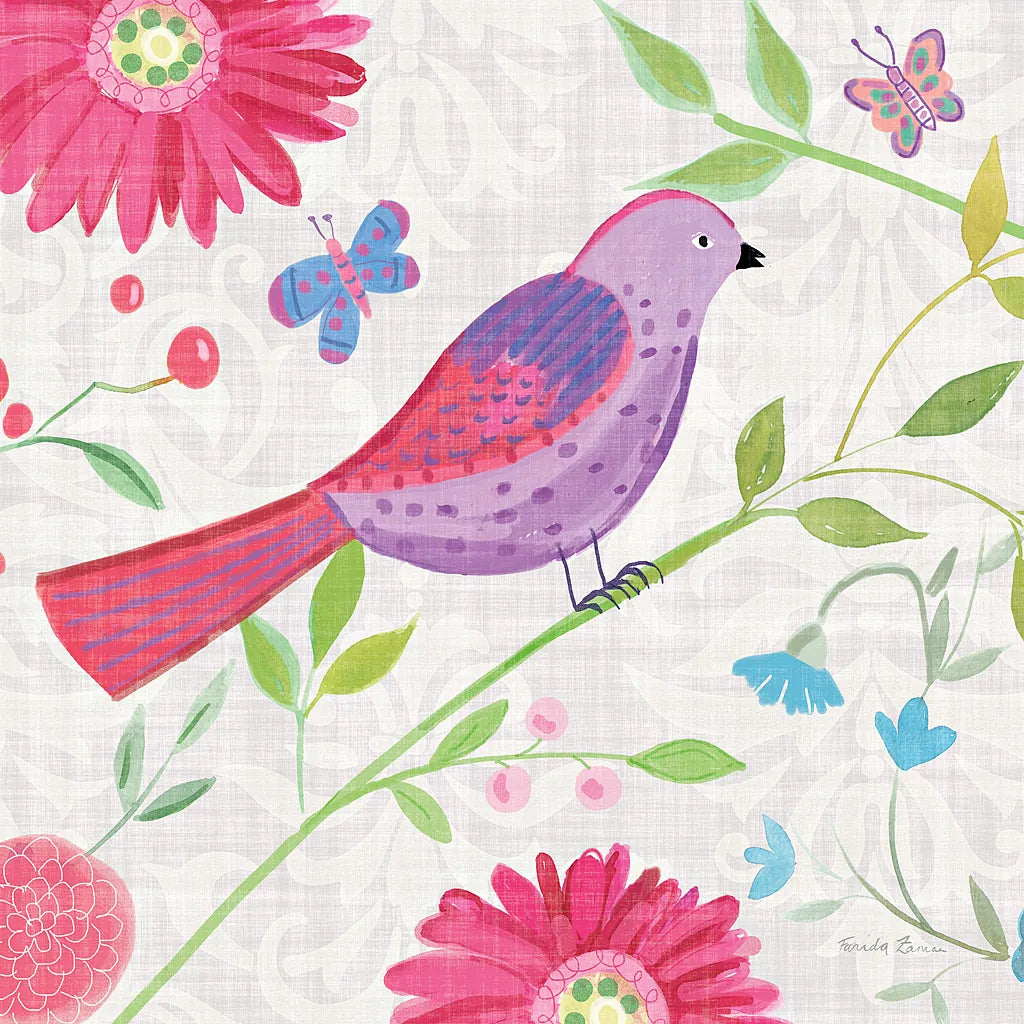 Damask Floral and Bird I Sq by Farida Zaman. SKU 33656a. Archival Giclee Fine art print for wall decor.