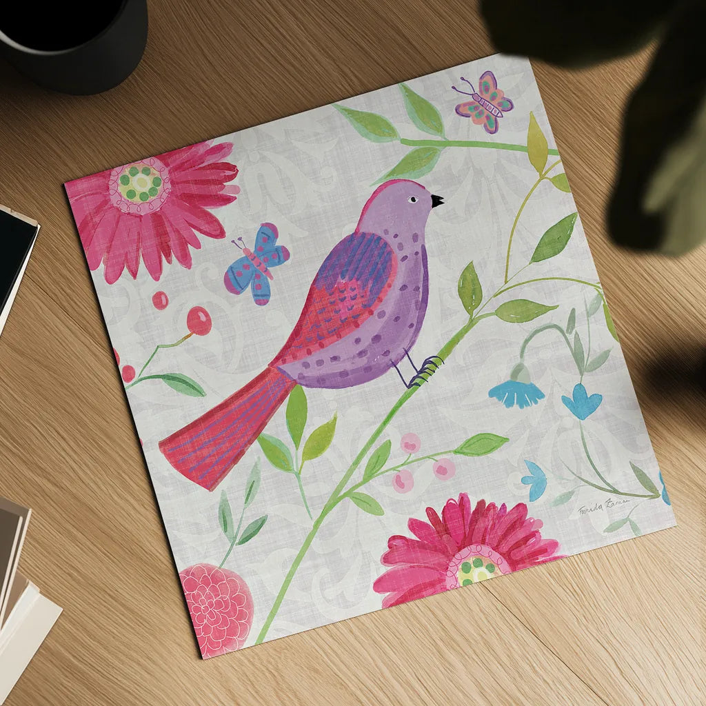 Damask Floral and Bird I Sq by Farida Zaman. Shown as a detailed flat fine art print, highlighting archival giclee quality. Available as an archival giclee rolled canvas, fine art paper, or poster print. SKU 33656a.