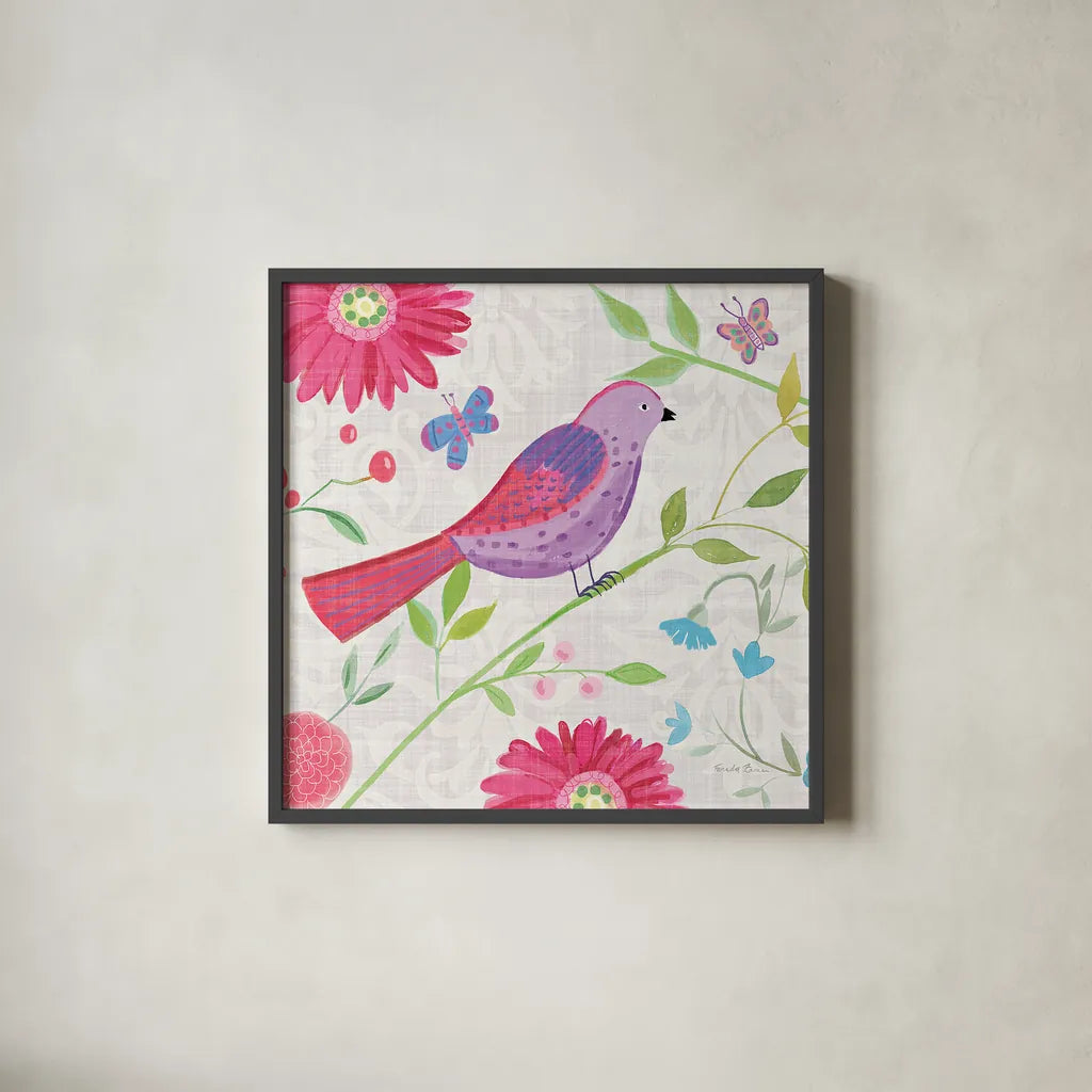Damask Floral and Bird I Sq by Farida Zaman. Shown in a sleek black glass frame for a contemporary gallery look. Available as an archival giclee rolled canvas, fine art paper, or poster print. SKU 33656a.