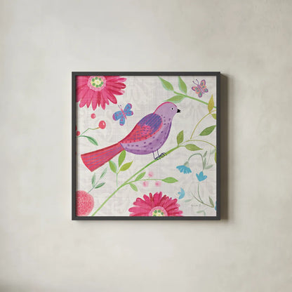 Damask Floral and Bird I Sq by Farida Zaman. Shown in a sleek black glass frame for a contemporary gallery look. Available as an archival giclee rolled canvas, fine art paper, or poster print. SKU 33656a.
