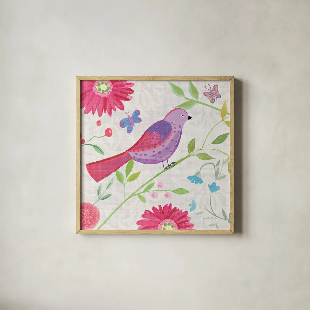 Damask Floral and Bird I Sq by Farida Zaman. Shown in a natural wood glass frame for a timeless modern aesthetic. Available as an archival giclee rolled canvas, fine art paper, or poster print. SKU 33656a.