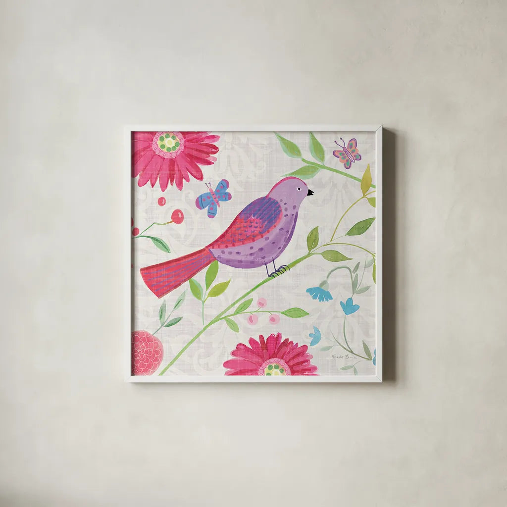 Damask Floral and Bird I Sq by Farida Zaman. Shown in a crisp white glass frame for a clean and minimalist style. Available as an archival giclee rolled canvas, fine art paper, or poster print. SKU 33656a.