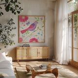 Damask Floral and Bird I Sq by Farida Zaman. Shown in a natural wood frame in a cozy modern living room. Available as an archival giclee rolled canvas, fine art paper, or poster print. SKU 33656a.