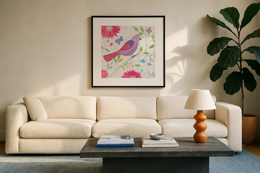 Damask Floral and Bird I Sq by Farida Zaman. Displayed in a glass frame with matte in a clean modern living room. Available as an archival giclee rolled canvas, fine art paper, or poster print. SKU 33656a.