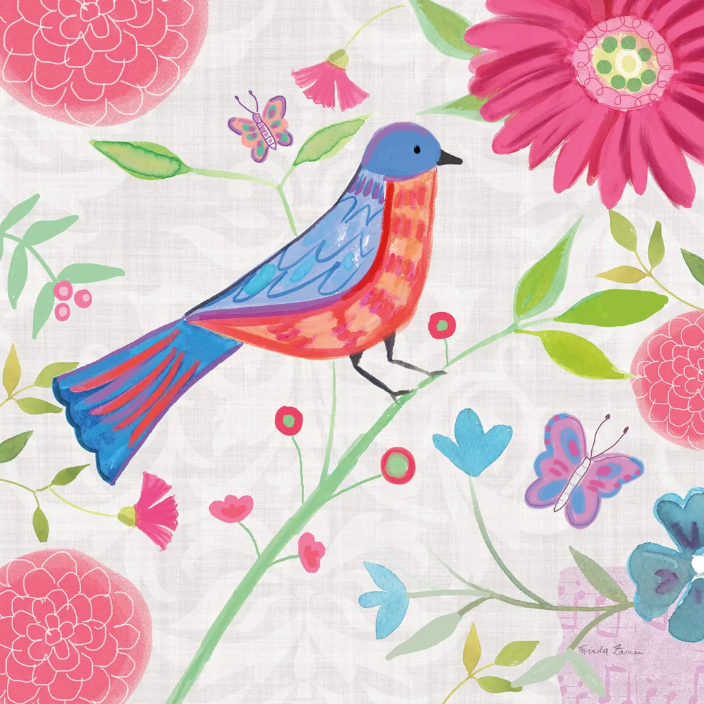 Damask Floral and Bird II by Farida Zaman. SKU 33108a. Archival Giclee Fine art print for wall decor.