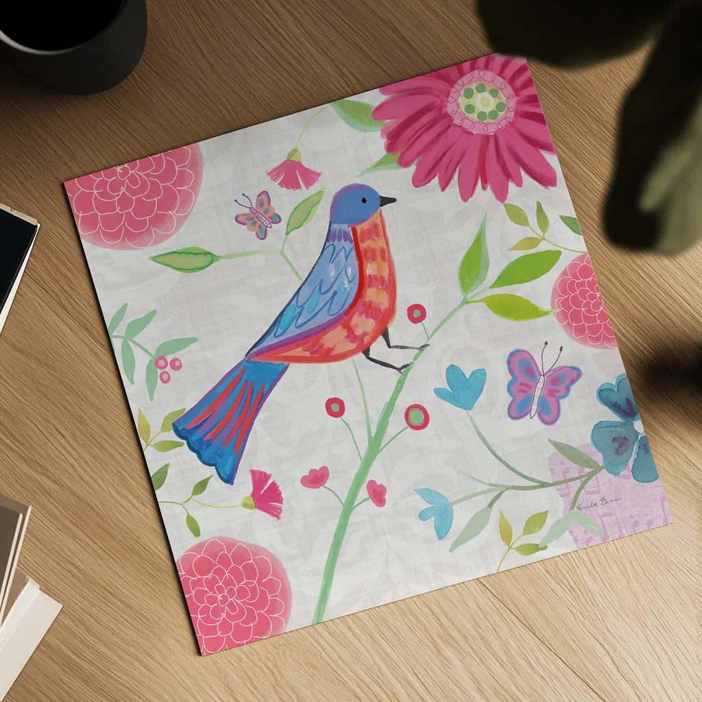 Damask Floral and Bird II by Farida Zaman. Shown as a detailed flat fine art print, highlighting archival giclee quality. Available as an archival giclee rolled canvas, fine art paper, or poster print. SKU 33108a.