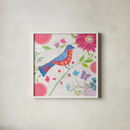 Damask Floral and Bird II by Farida Zaman. Shown in a crisp white glass frame for a clean and minimalist style. Available as an archival giclee rolled canvas, fine art paper, or poster print. SKU 33108a.