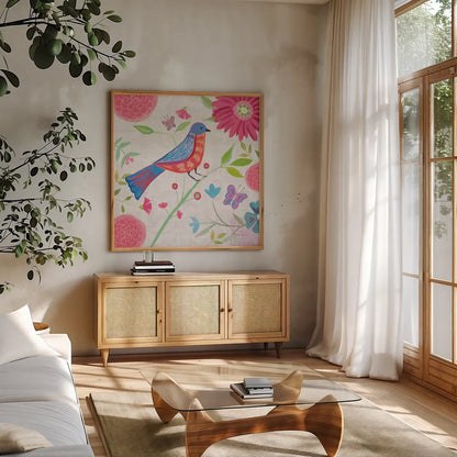 Damask Floral and Bird II by Farida Zaman. Shown in a natural wood frame in a cozy modern living room. Available as an archival giclee rolled canvas, fine art paper, or poster print. SKU 33108a.