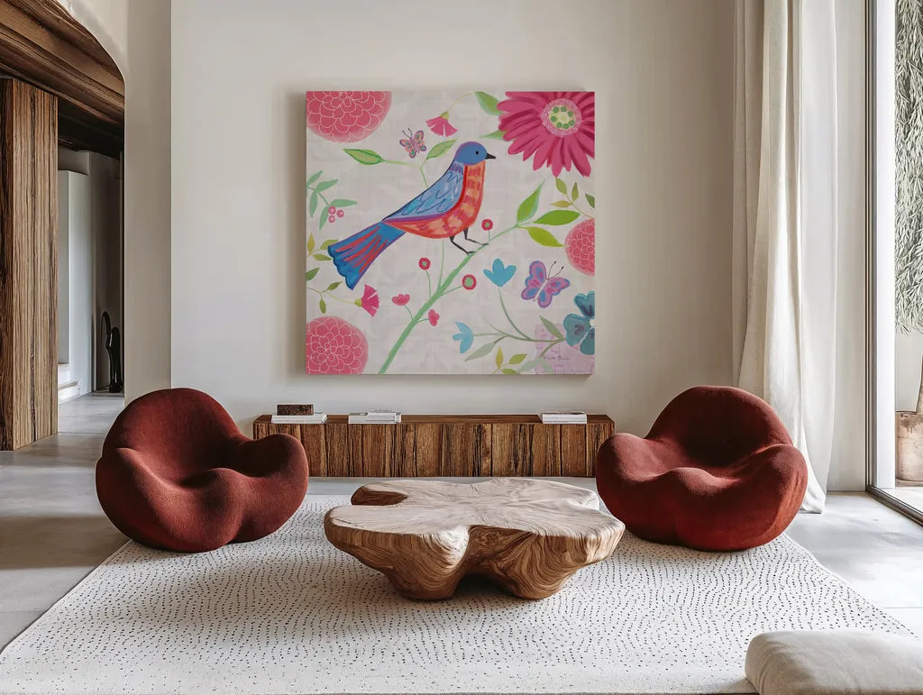 Damask Floral and Bird II by Farida Zaman. Shown as extra-large giant wall art in a modern living room. Available as an archival giclee rolled canvas, fine art paper, or poster print. SKU 33108a.