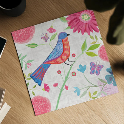 Damask Floral and Bird II v2 by Farida Zaman. Shown as a detailed flat fine art print, highlighting archival giclee quality. Available as an archival giclee rolled canvas, fine art paper, or poster print. SKU 34044a.
