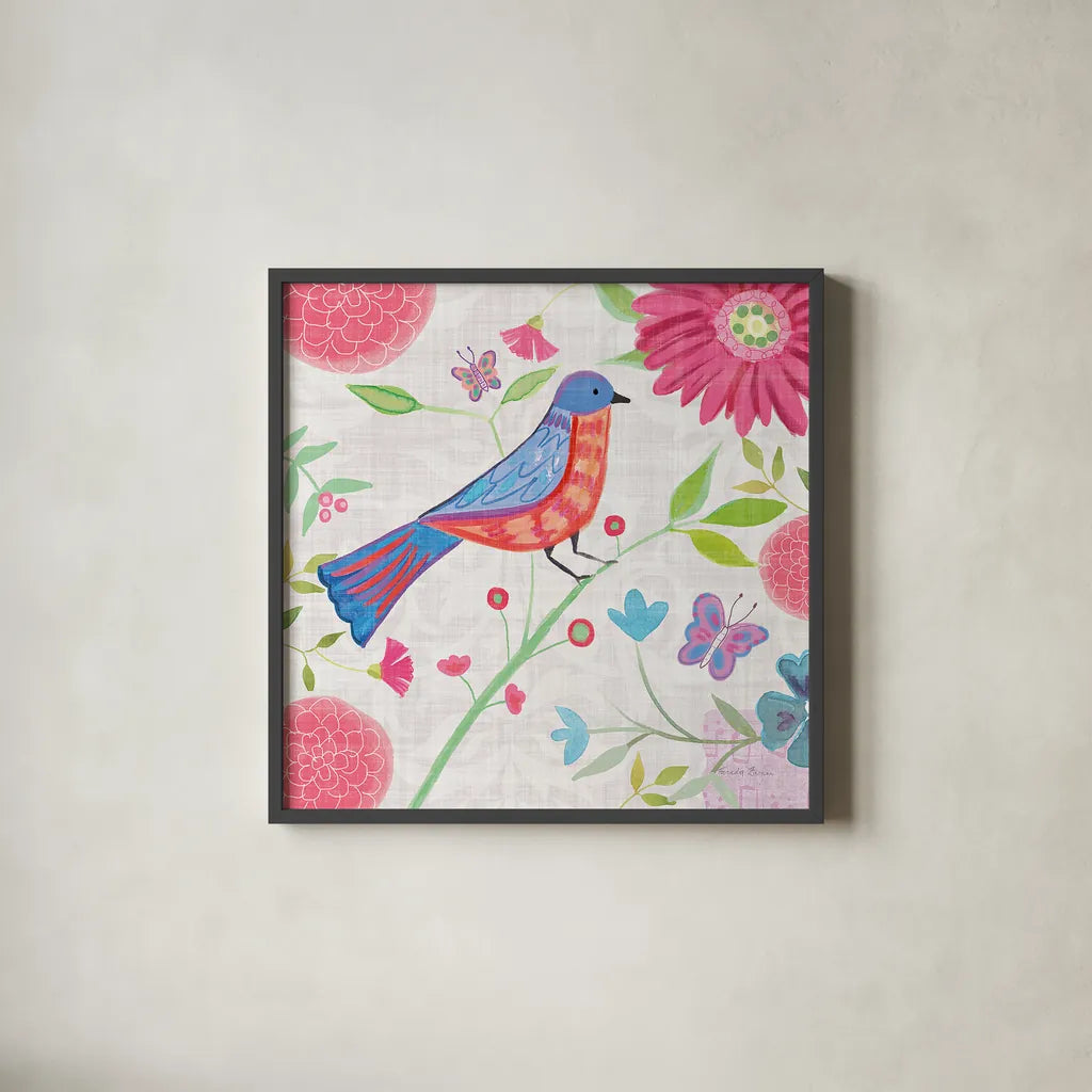 Damask Floral and Bird II v2 by Farida Zaman. Shown in a sleek black glass frame for a contemporary gallery look. Available as an archival giclee rolled canvas, fine art paper, or poster print. SKU 34044a.